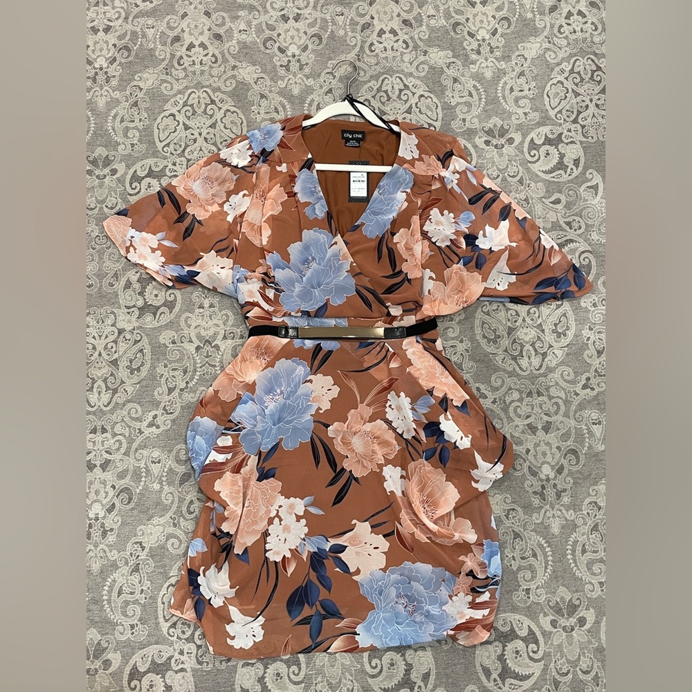 City Chic Rust Floral Wrap Mini Dress with Blue & Cream Blooms